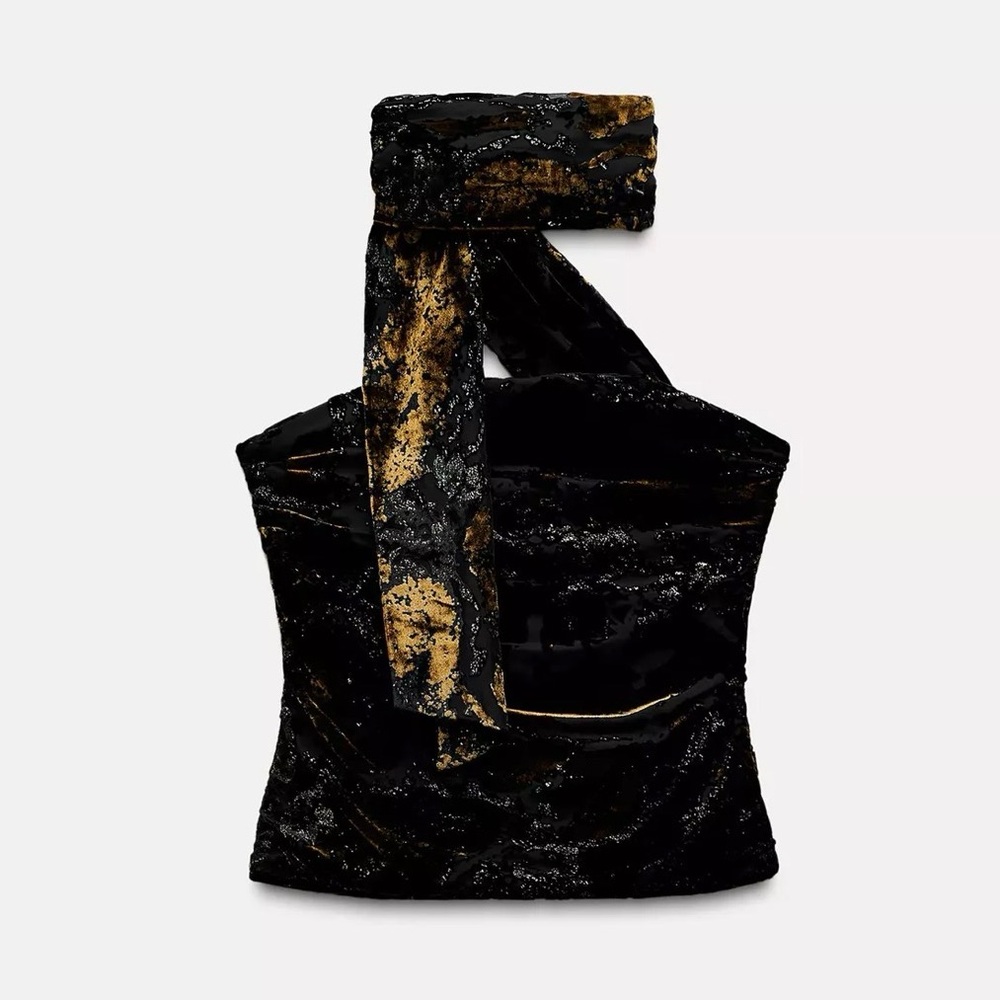 ZARA Black and Gold Velvet Scarf Top